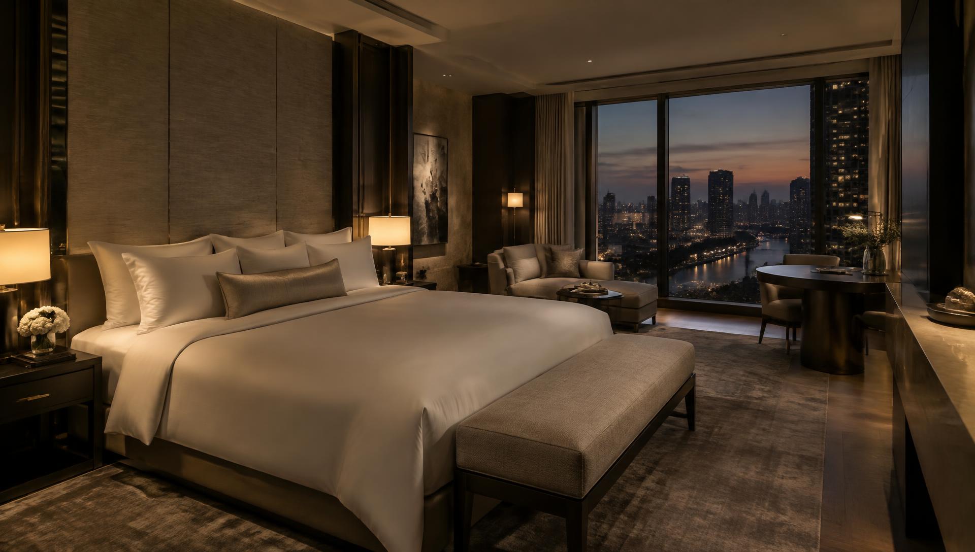 Suite de hotel de lujo con iluminación cálida