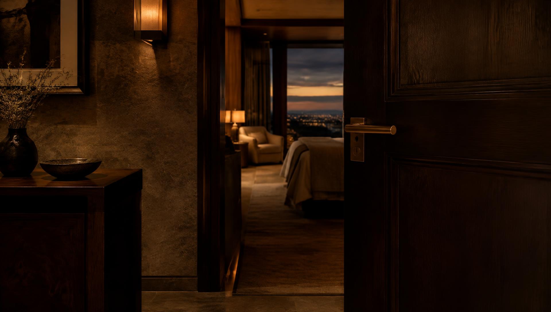 Entrada a una suite al atardecer con la puerta entreabierta