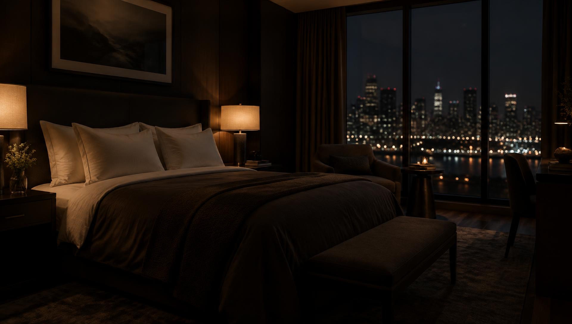 Suite de hotel de noche con la ciudad al fondo